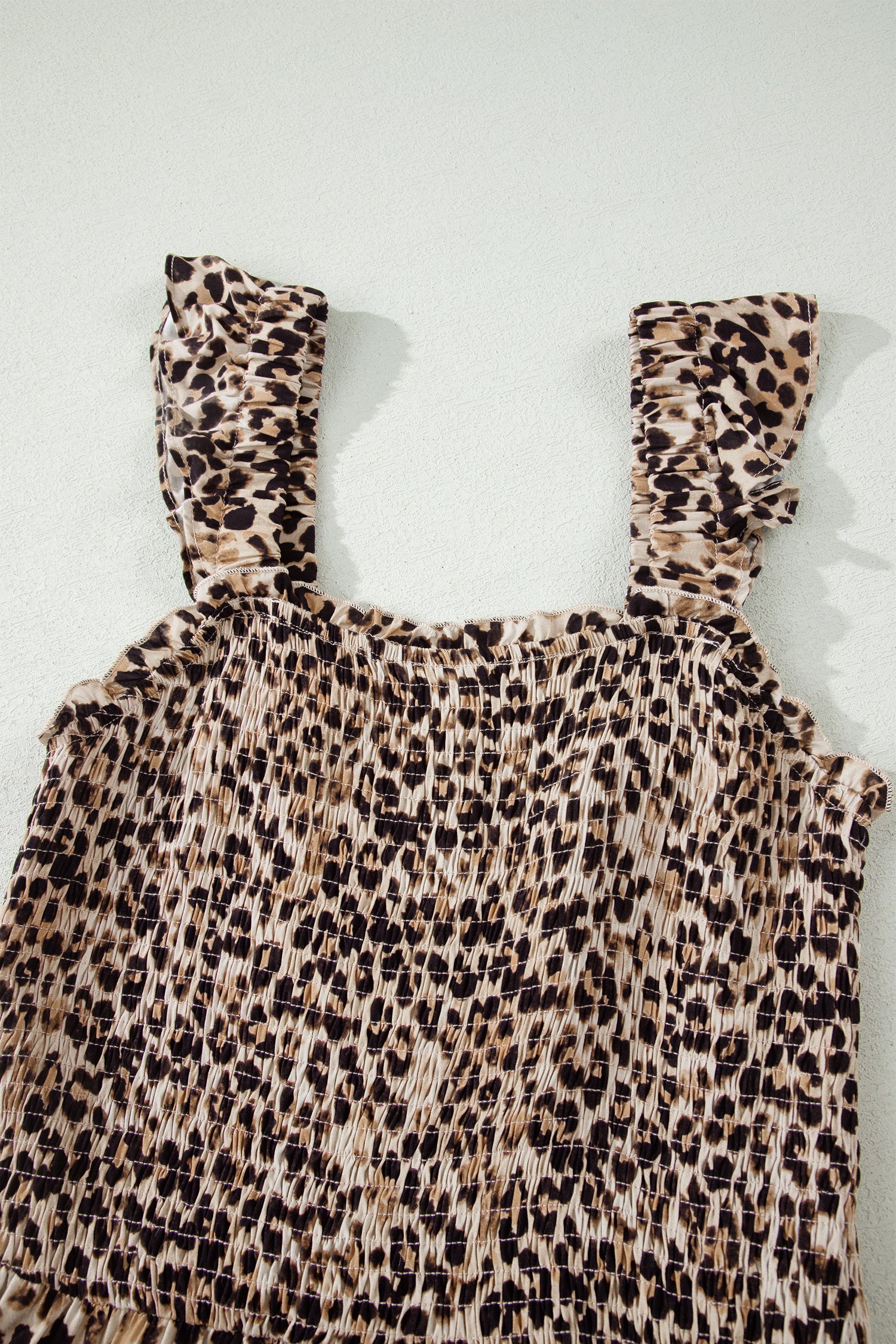Brown Ruffled Straps Smocked Tiered Leopard Maxi Dress