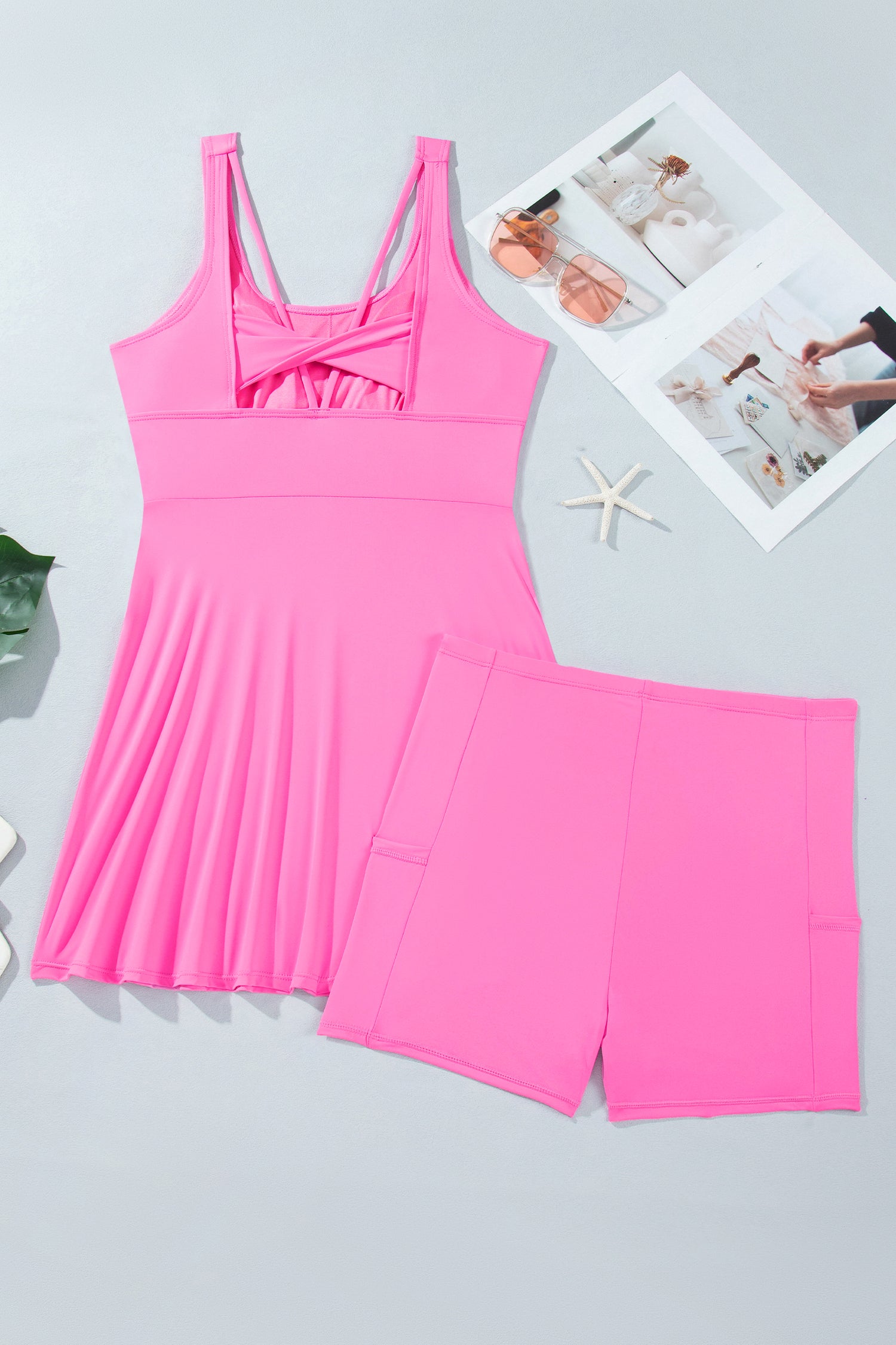 Black Twisted Strappy Back Active Mini Dress with Shorts