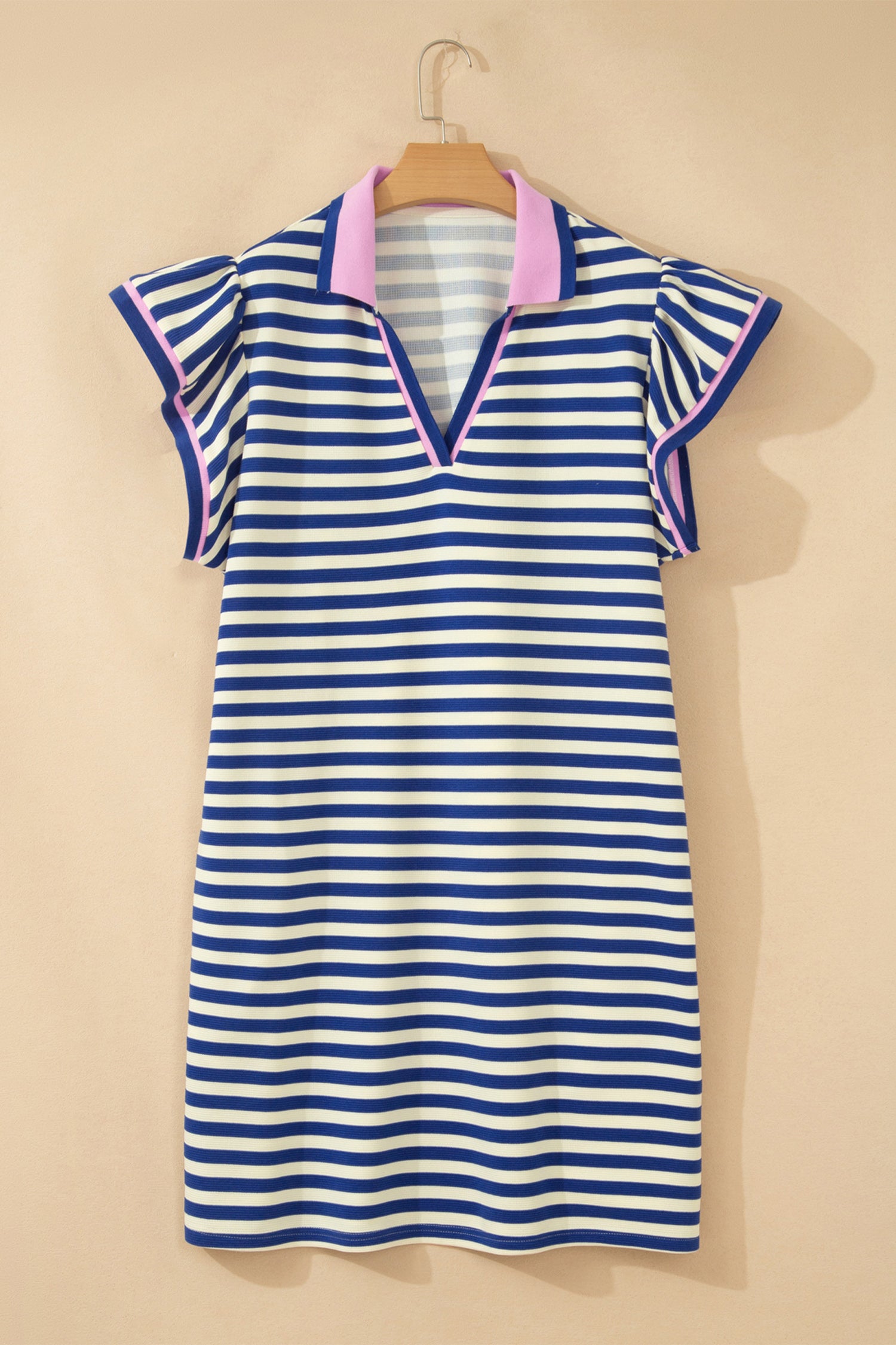 Dark Blue Striped Shift Dress Colorblock V Neck Short Sleeve Casual Summer