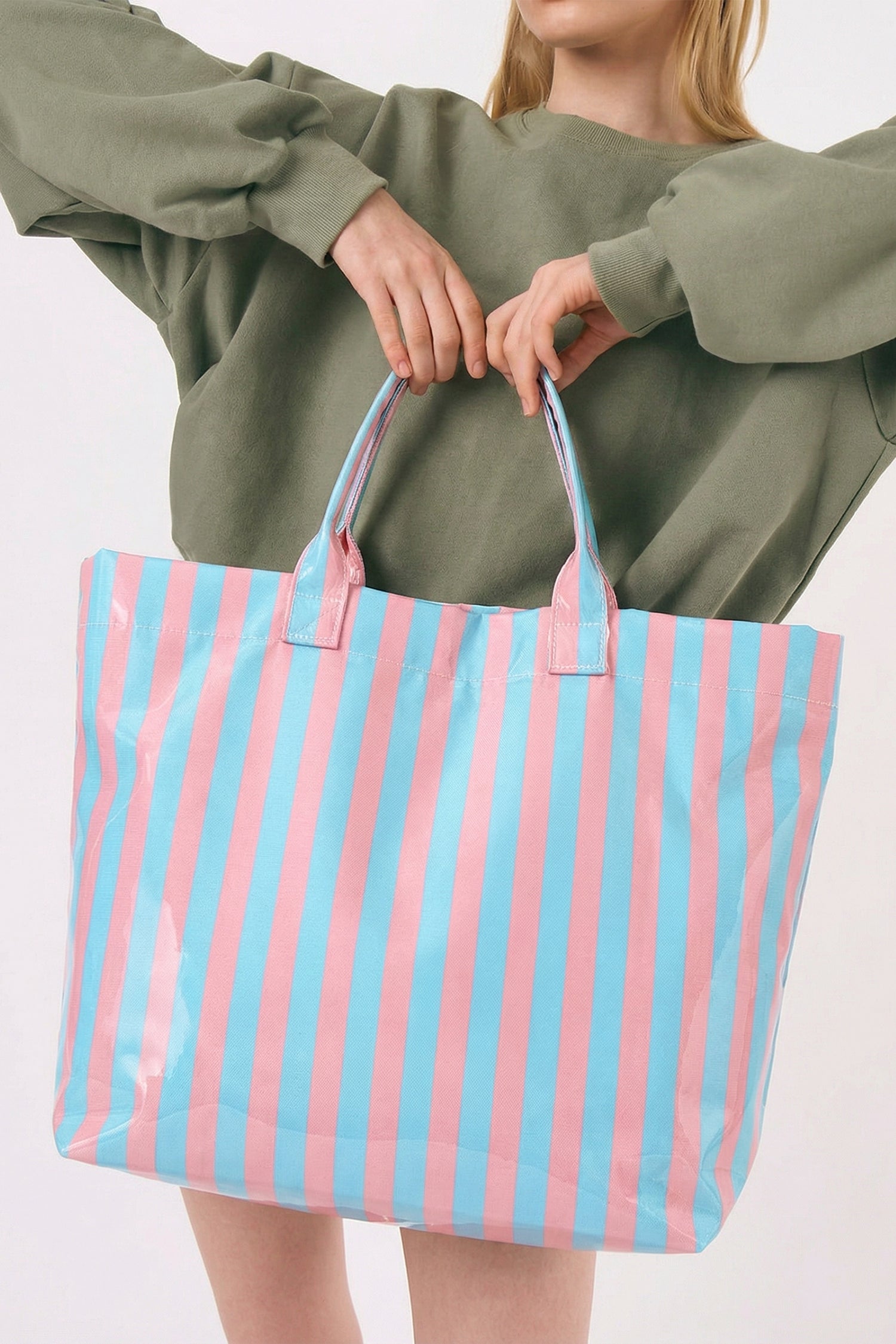 Yellow Cream Glossy Striped Vinyl Large Tote Bag