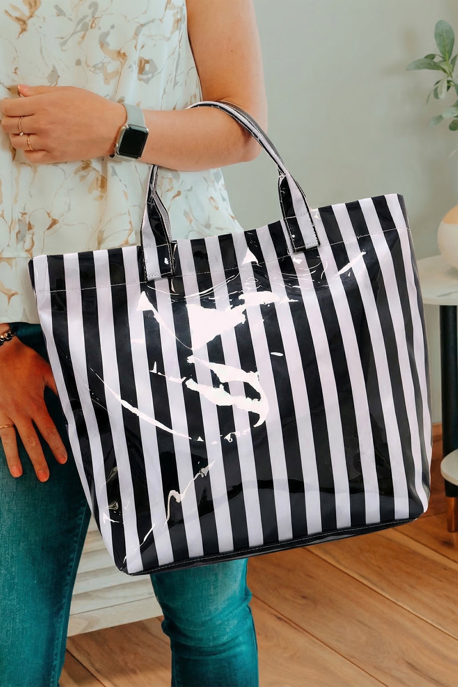 Yellow Cream Glossy Striped Vinyl Large Tote Bag