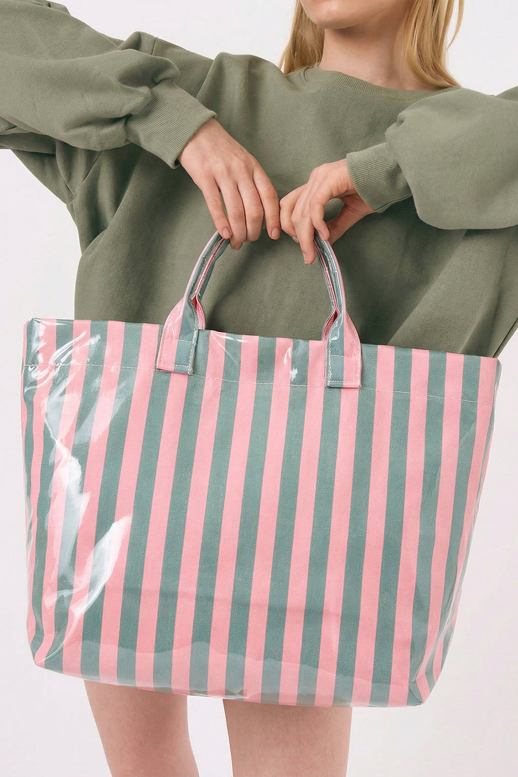 Yellow Cream Glossy Striped Vinyl Large Tote Bag