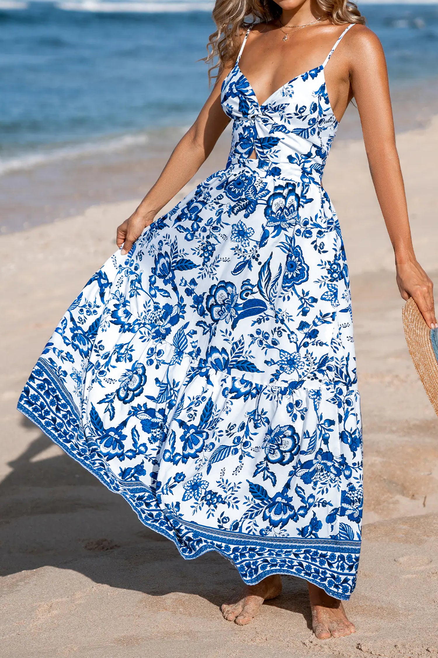 Sky Blue Twisted Bust Spaghetti Straps Backless Floral Maxi Dress