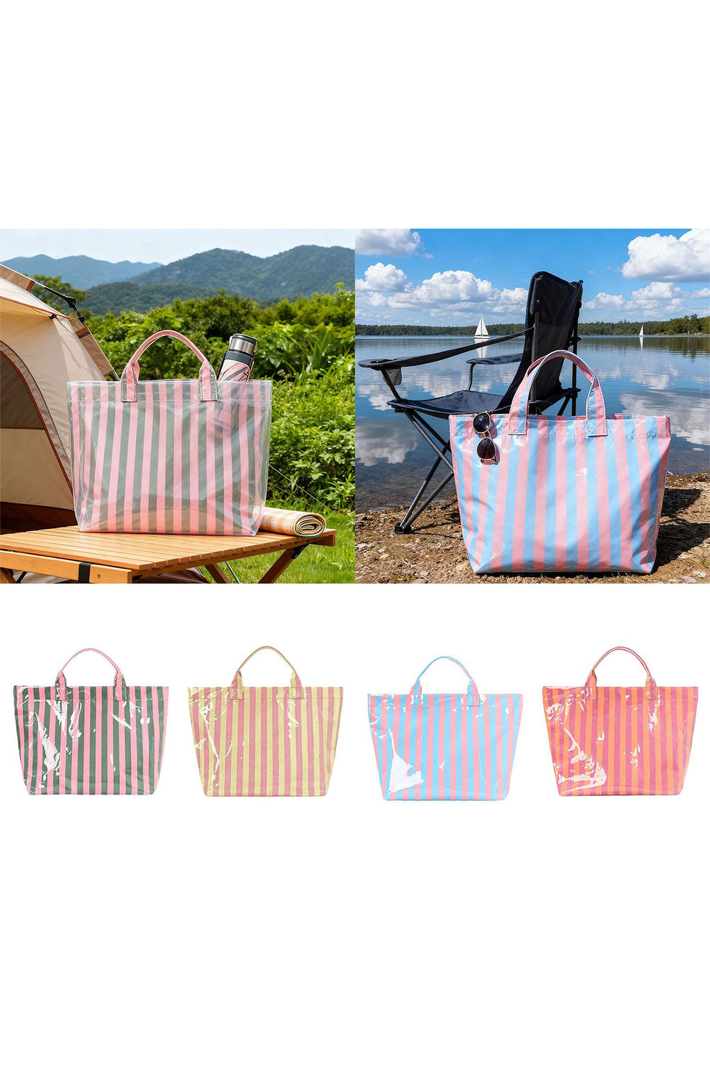Yellow Cream Glossy Striped Vinyl Large Tote Bag