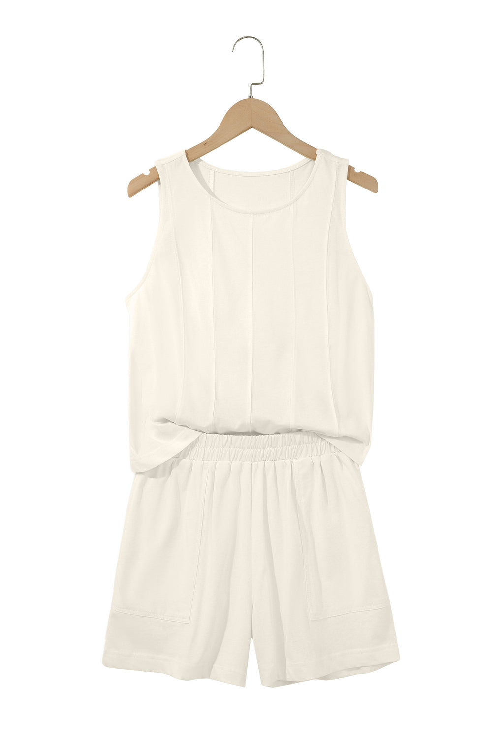 Beige Stitched Detail Loose Tank Top Cotton 2pcs Short Set