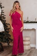 Pitaya Pink One Shoulder Thigh High Split Bodycon Sequin Gown