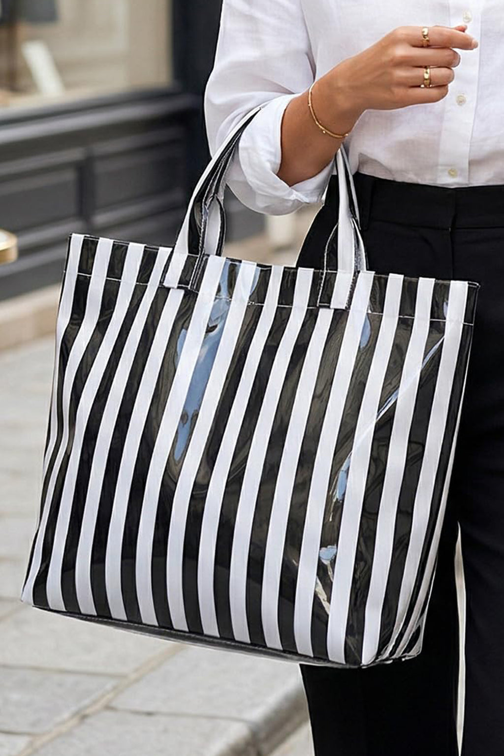 Yellow Cream Glossy Striped Vinyl Large Tote Bag