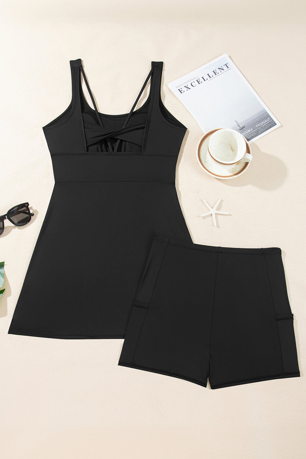 Black Twisted Strappy Back Active Mini Dress with Shorts