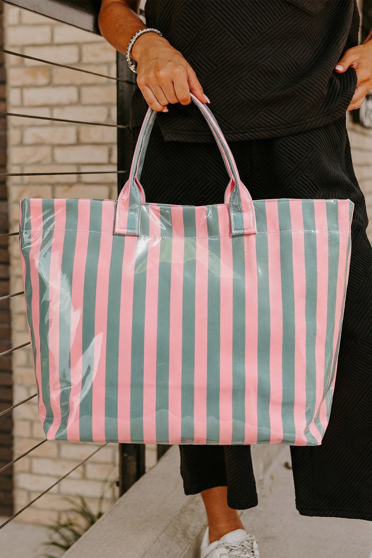 Yellow Cream Glossy Striped Vinyl Large Tote Bag