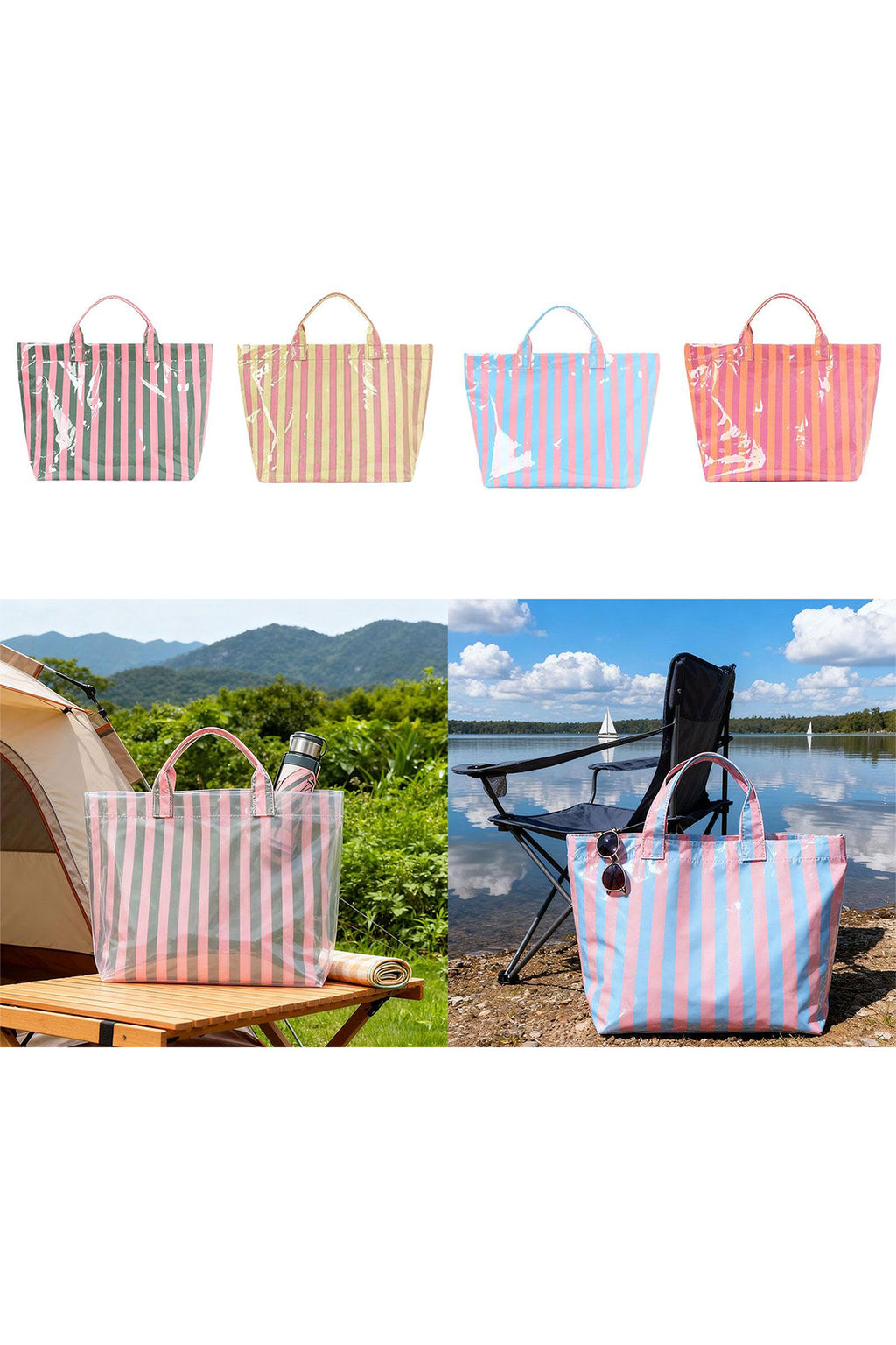 Yellow Cream Glossy Striped Vinyl Large Tote Bag