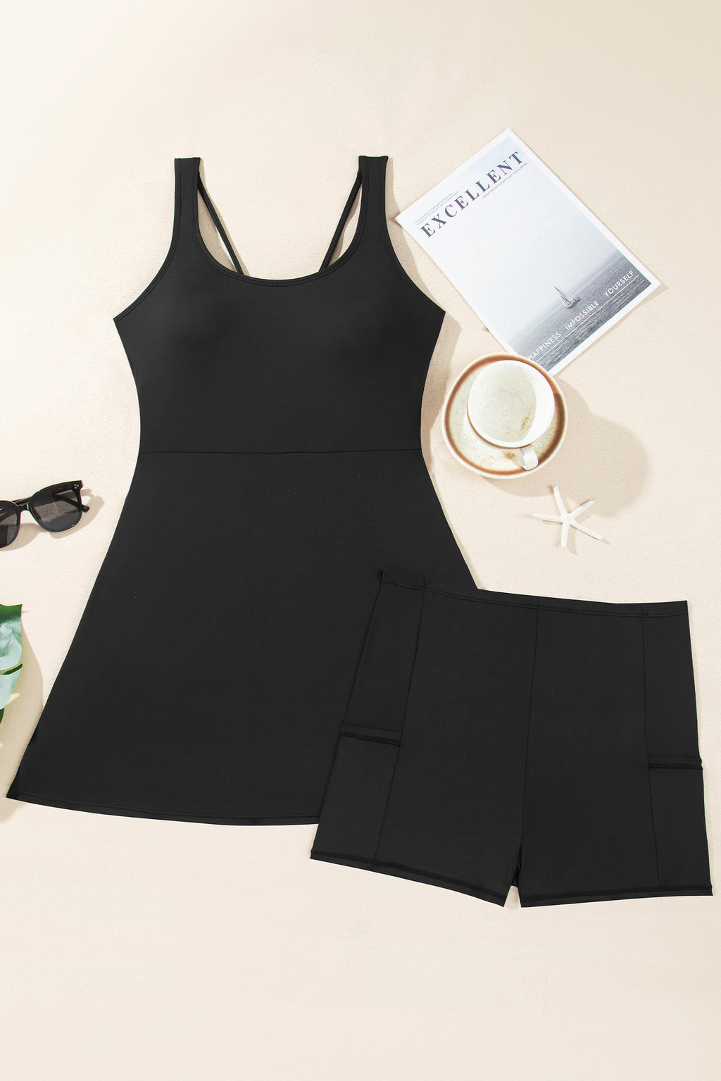 Black Twisted Strappy Back Active Mini Dress with Shorts