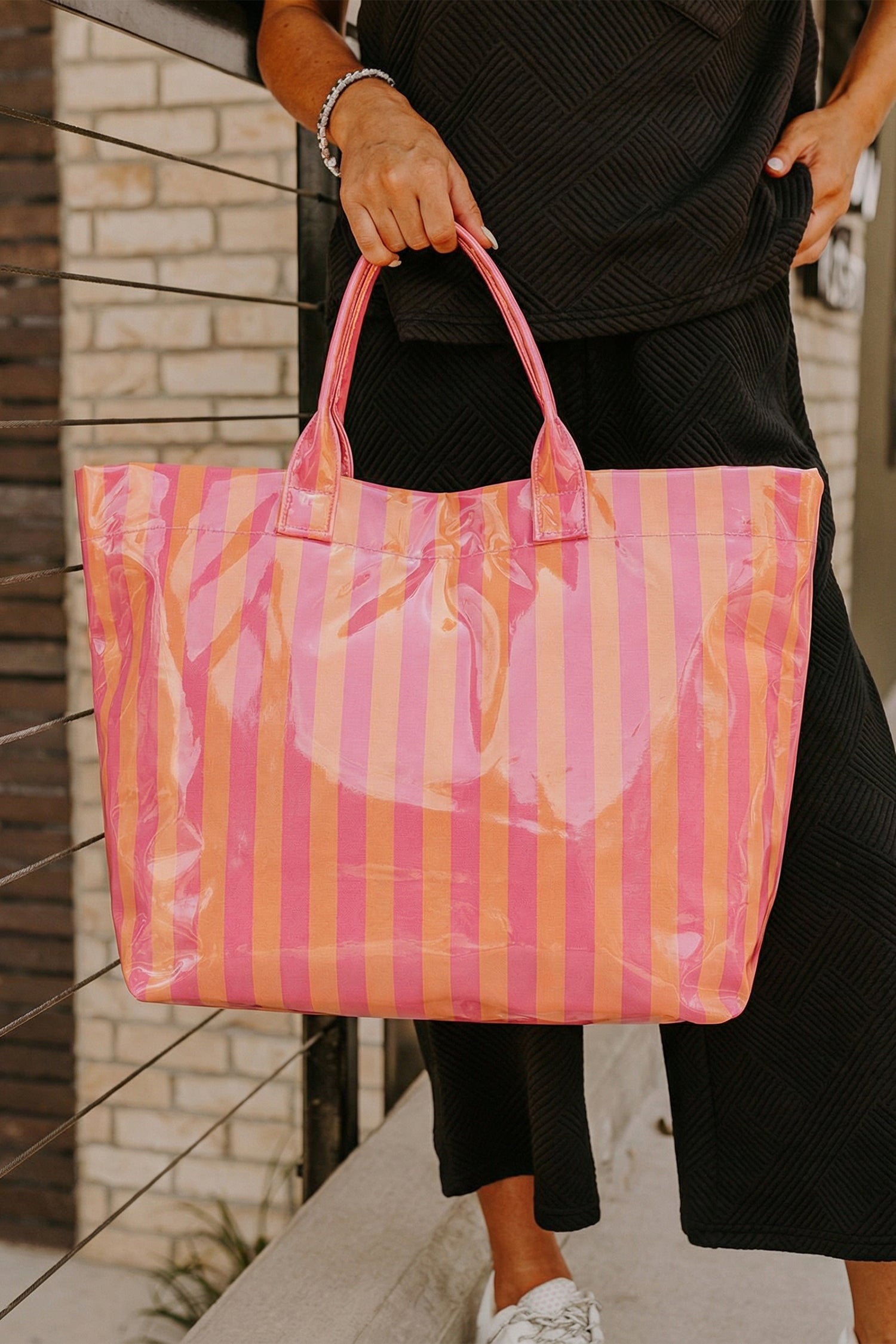 Yellow Cream Glossy Striped Vinyl Large Tote Bag