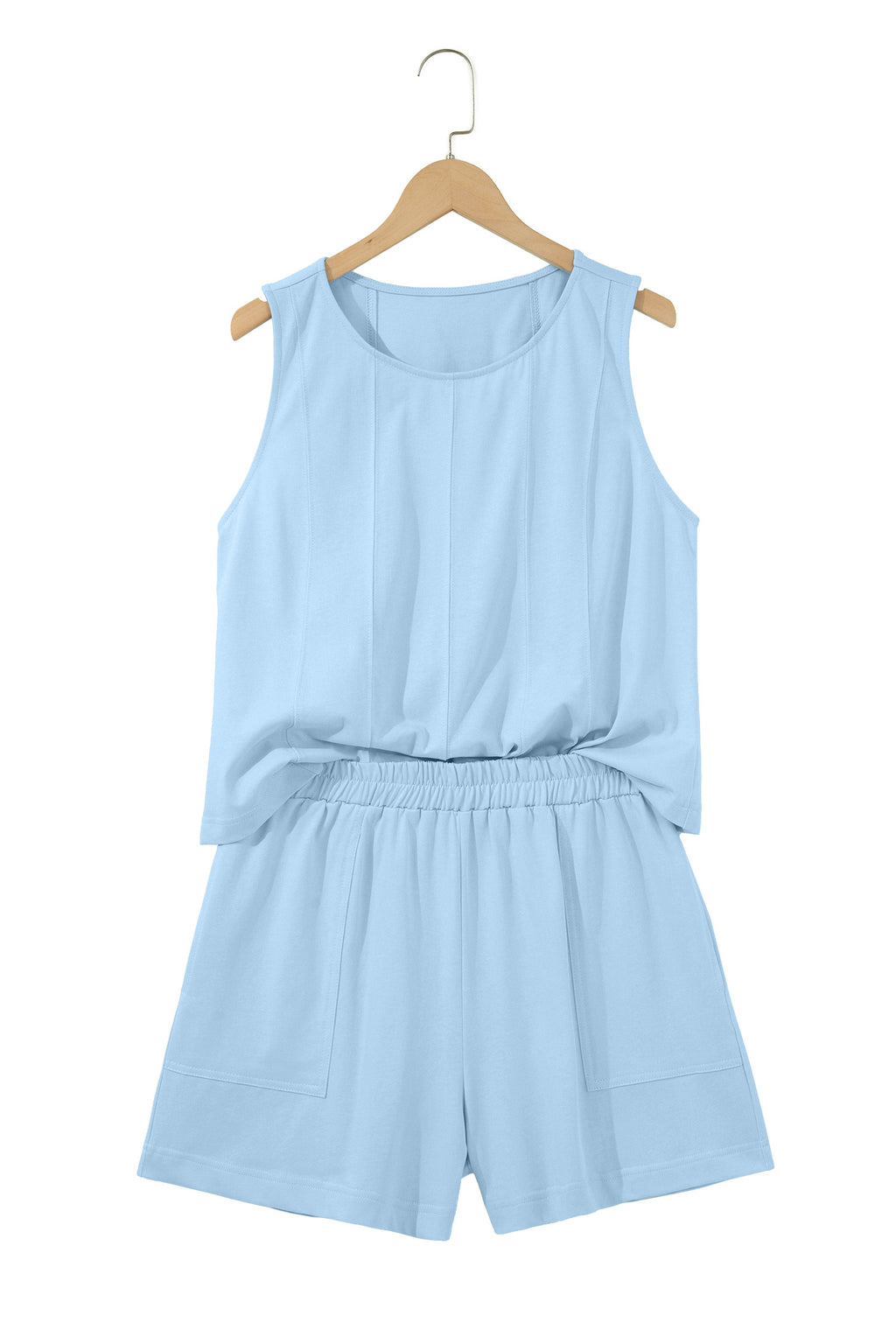 Beige Stitched Detail Loose Tank Top Cotton 2pcs Short Set