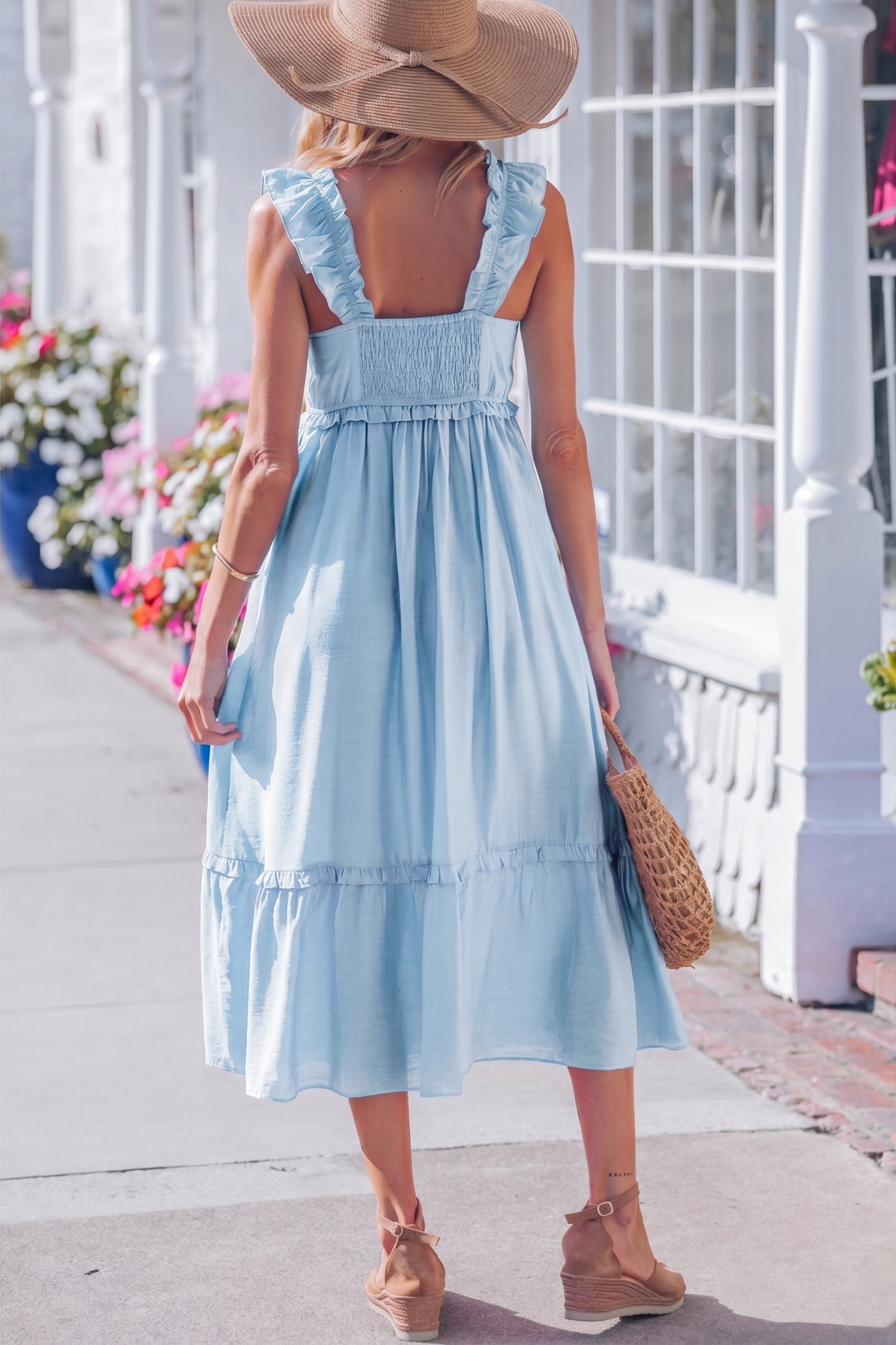 Bonbon Solid Color Ruffle Trim High Waist Sleeveless Maxi Dress