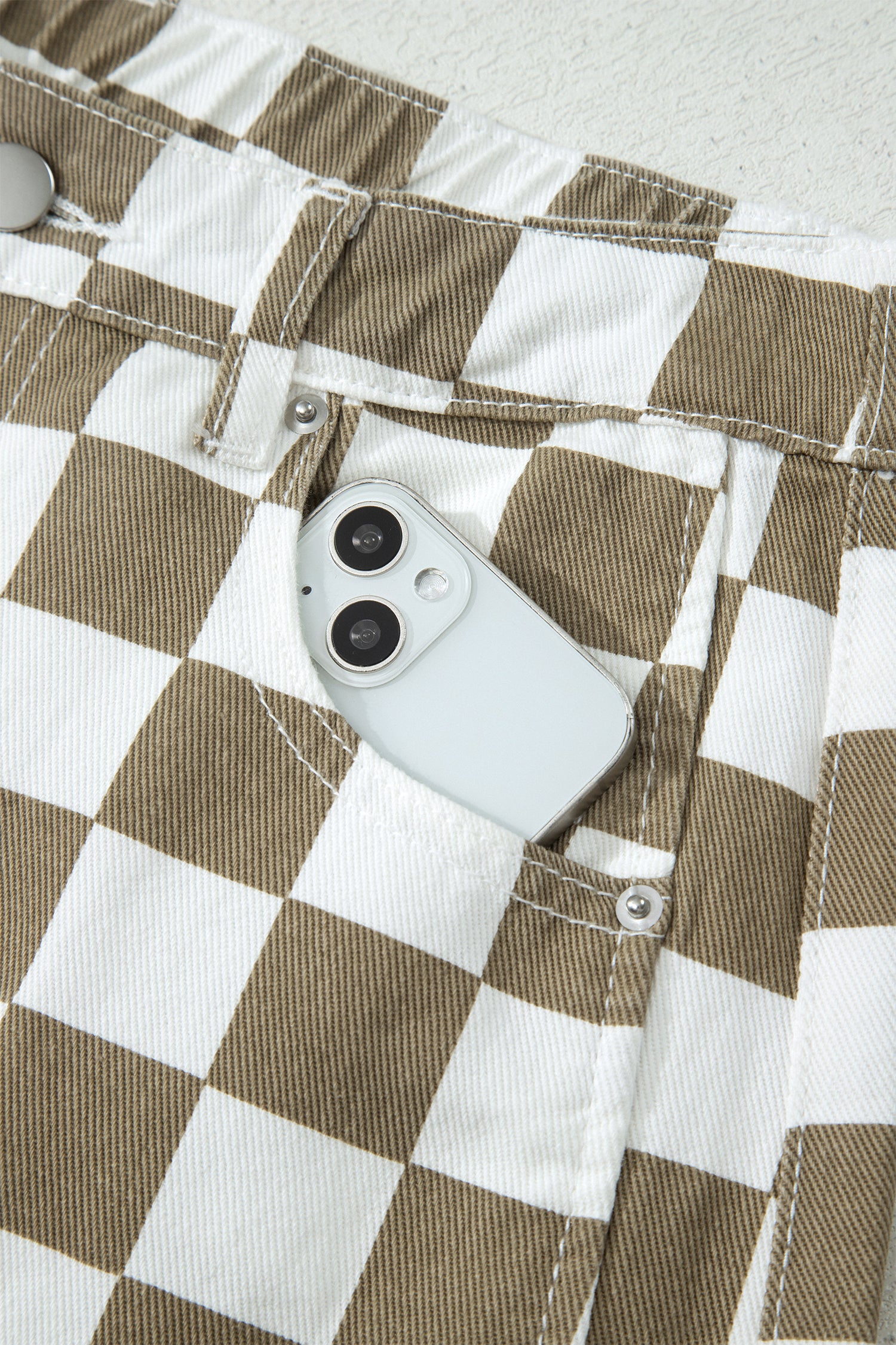 White Checkered Print Denim Barrel Pants