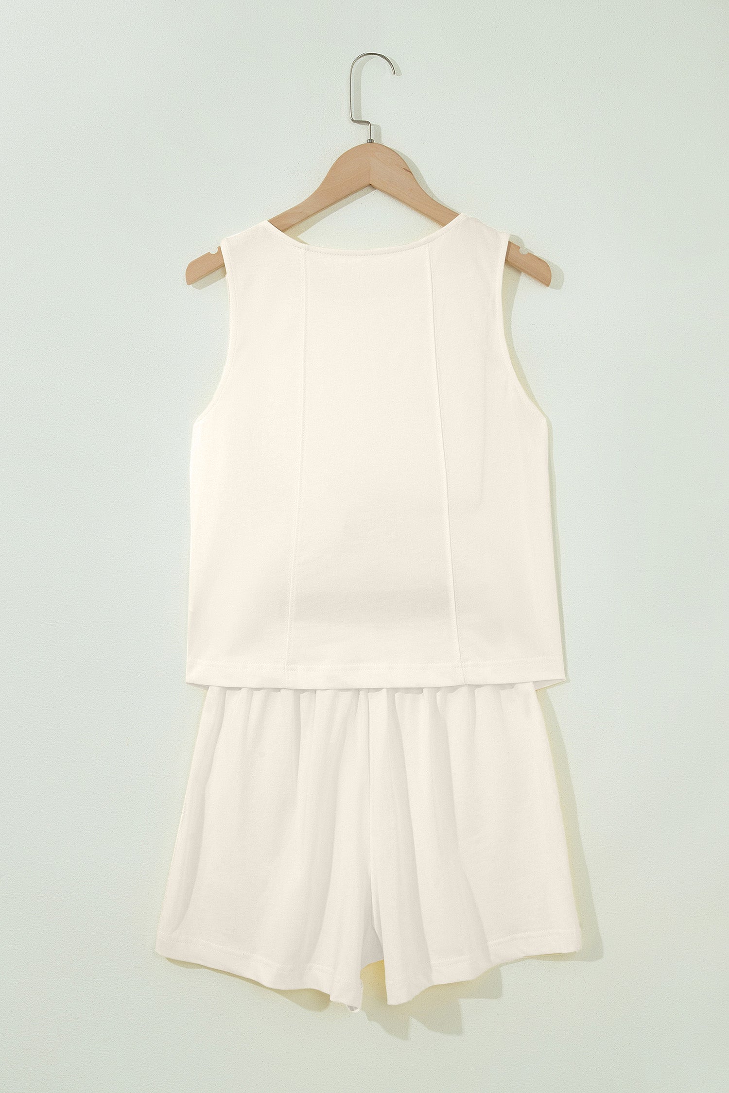 Beige Stitched Detail Loose Tank Top Cotton 2pcs Short Set