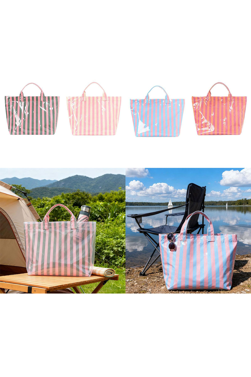 Yellow Cream Glossy Striped Vinyl Large Tote Bag