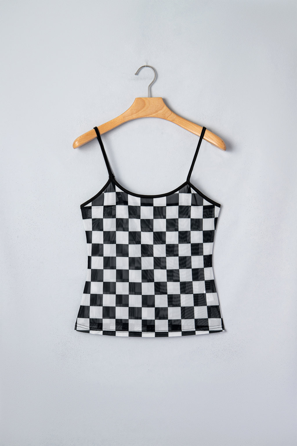 Black Sheer Checkered Print Spaghetti Straps Slim Tank Top
