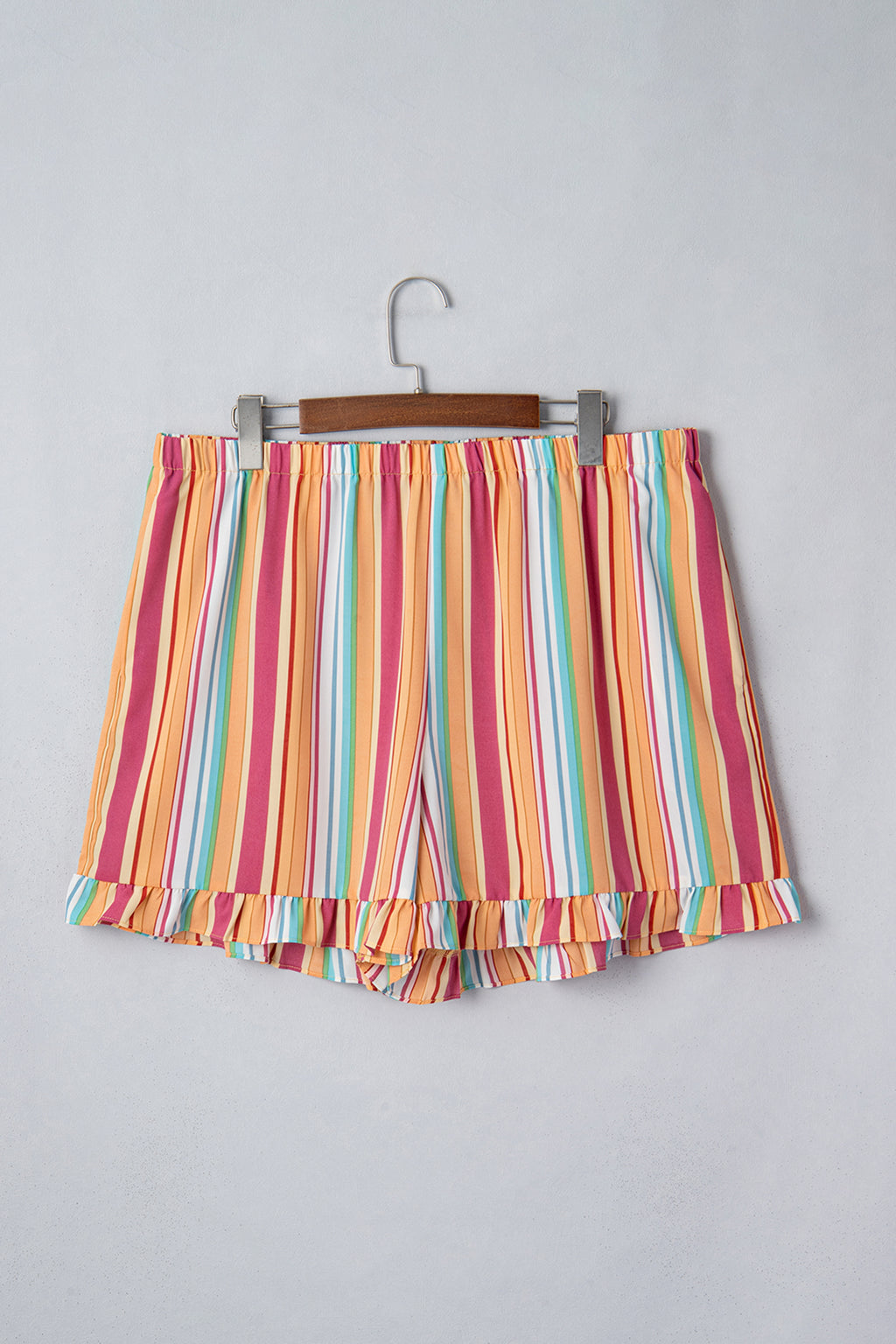 Orange Stripe Plus Size Elastic Waist Ruffle Hem Shorts